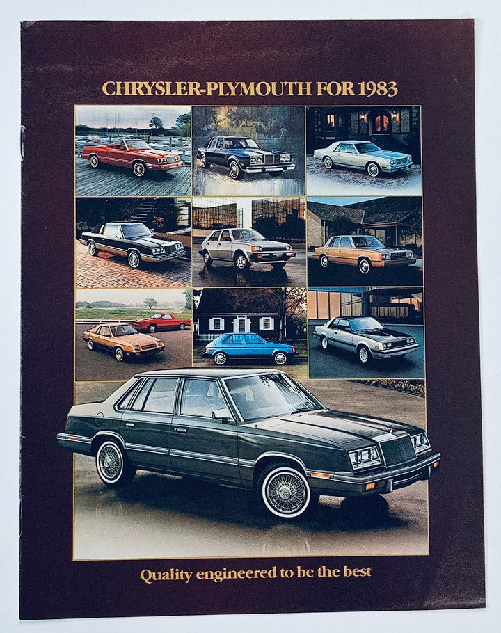Cover of the 1983 Chrysler-Plymouth Dealer Showroom Sales Brochure Guide Catalog featuring various Chrysler Plymouth models showcasing quality engineering and design.