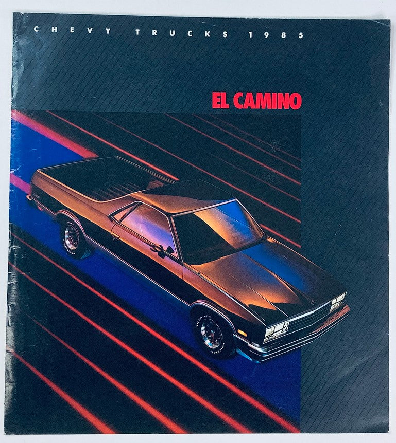 1985 Chevrolet El Camino Dealer Showroom Sales Brochure showcasing the El Camino model with dynamic lighting and a sleek design.