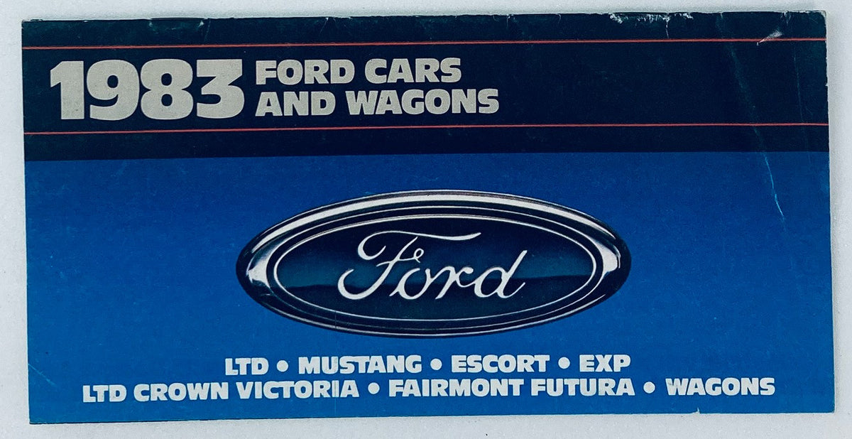 1983 Ford Cars and Wagons Dealer Showroom Sales Brochure cover featuring the Ford logo and model names including LTD, Mustang, Escort, EXP, LTD Crown Victoria, Fairmont Futura, and Wagons.