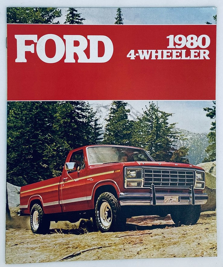 1980 Ford 4-Wheeler Dealer Showroom Sales Brochure Guide Catalog featuring a red Ford truck on a rocky terrain with trees in the background.