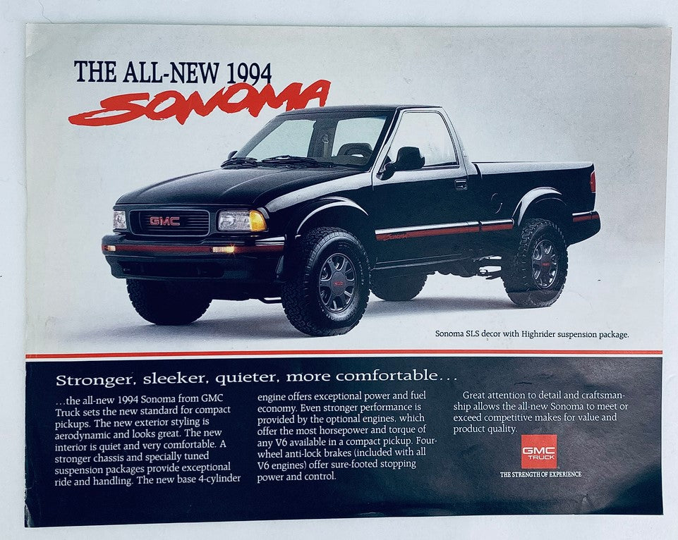 1994 GMC Sonoma SLS Dealer Showroom Sales Brochure showcasing a black GMC Sonoma truck with a sleek design. The image highlights the vehicle's features including sporty aesthetics, performance capabilities, and off-road preparedness.
