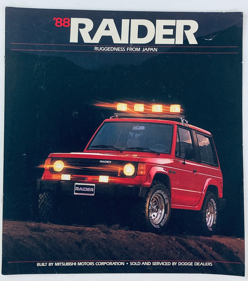 Cover of the 1988 Raider Full Line Dealer Showroom Sales Brochure featuring a red Raider vehicle, showcasing its rugged design. Perfect for collectors and enthusiasts of vintage automotive literature.