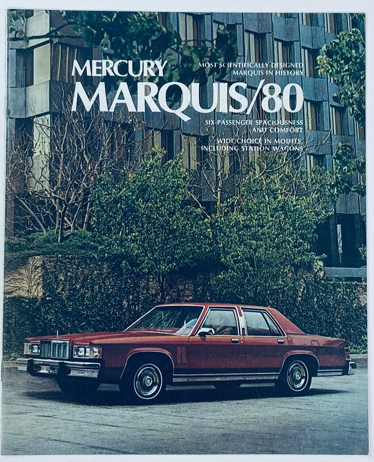 1980 Mercury Marquis Full Line Dealer Showroom Sales Brochure showcasing a red Mercury Marquis parked in front of a modern building, emphasizing its spaciousness and comfort.