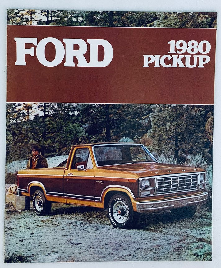 1980 Ford Pickup Lineup Dealer Showroom Sales Brochure Guide Catalog featuring a vintage Ford truck in a natural setting with a man and a dog.