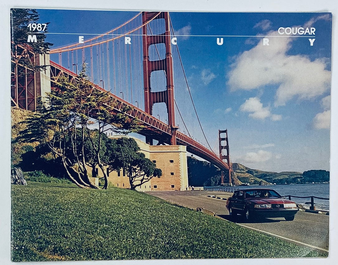 1987 Mercury Cougar Full Line Dealer Showroom Sales Brochure featuring a Mercury Cougar in front of the Golden Gate Bridge, showcasing the car's design and iconic scenery.