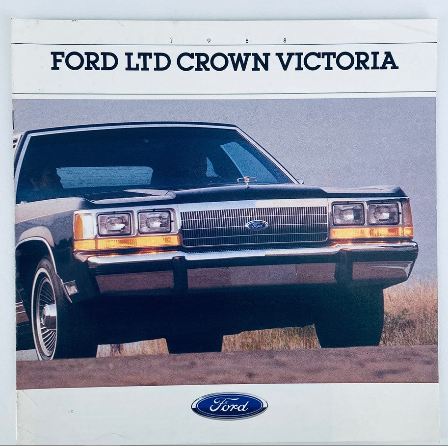1988 Ford Crown Victoria Dealer Showroom Sales Brochure showcasing the classic car design with front view of the vehicle, emphasizing its elegance and style.