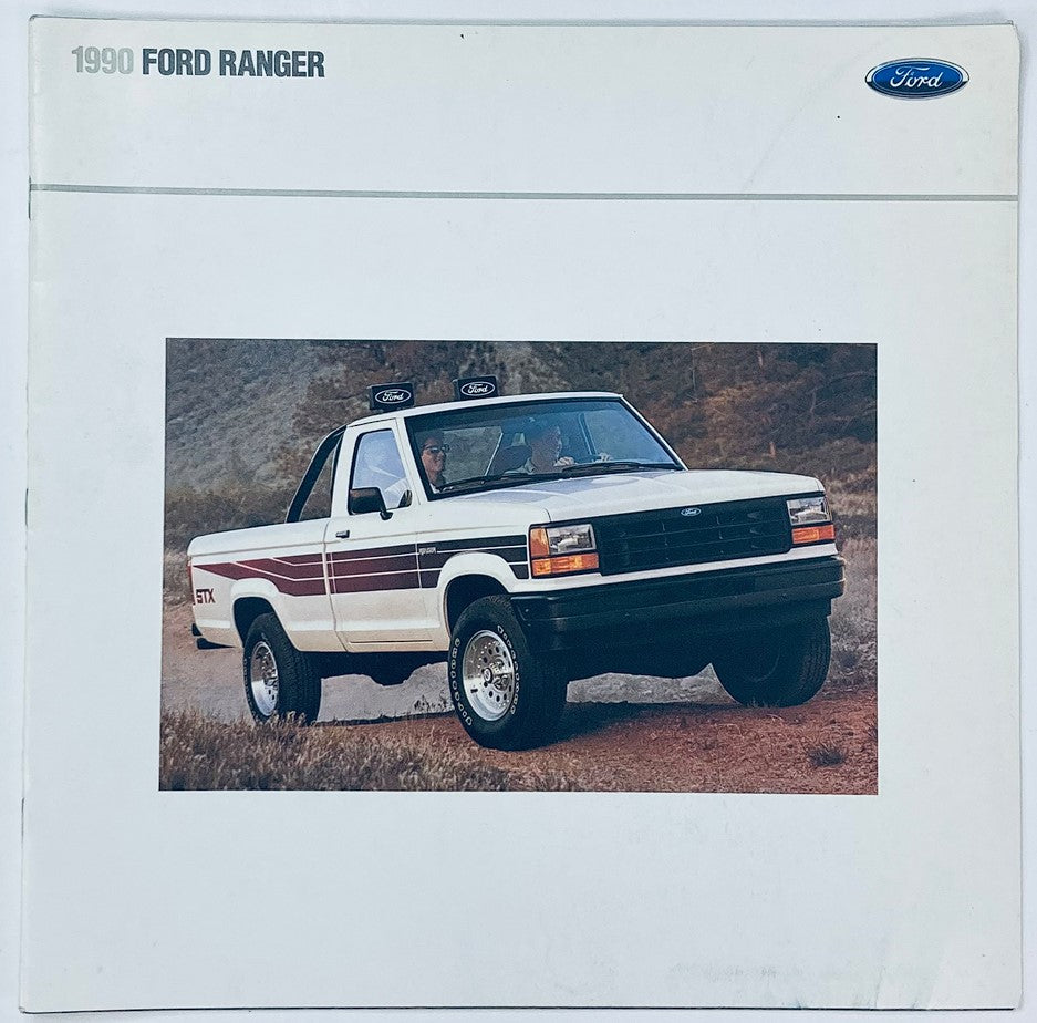 1990 Ford Ranger Dealer Showroom Sales Brochure Guide Catalog showcasing a Ford Ranger model in a desert setting, highlighting its design and features.