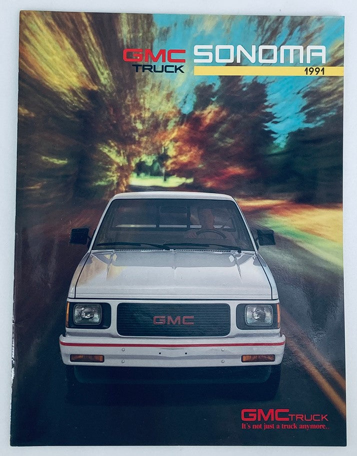 Cover of the 1991 GMC Truck Sonoma Dealer Showroom Sales Brochure featuring a front view of the GMC Sonoma truck with a vibrant nature background, showcasing the iconic design and features of this classic vehicle.