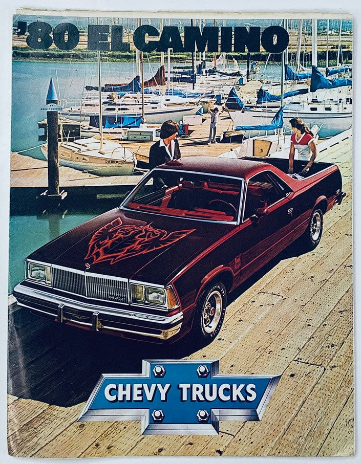 1980 Chevrolet Trucks El Camino Dealer Showroom Sales Brochure featuring a striking red El Camino parked by a marina, showcasing classic design and style.