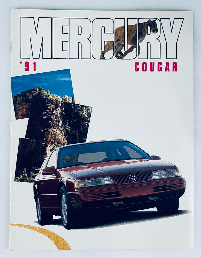 1991 Mercury Cougar Dealer Showroom Sales Brochure Guide Catalog featuring a front view of the car with a scenic background and bold typography.