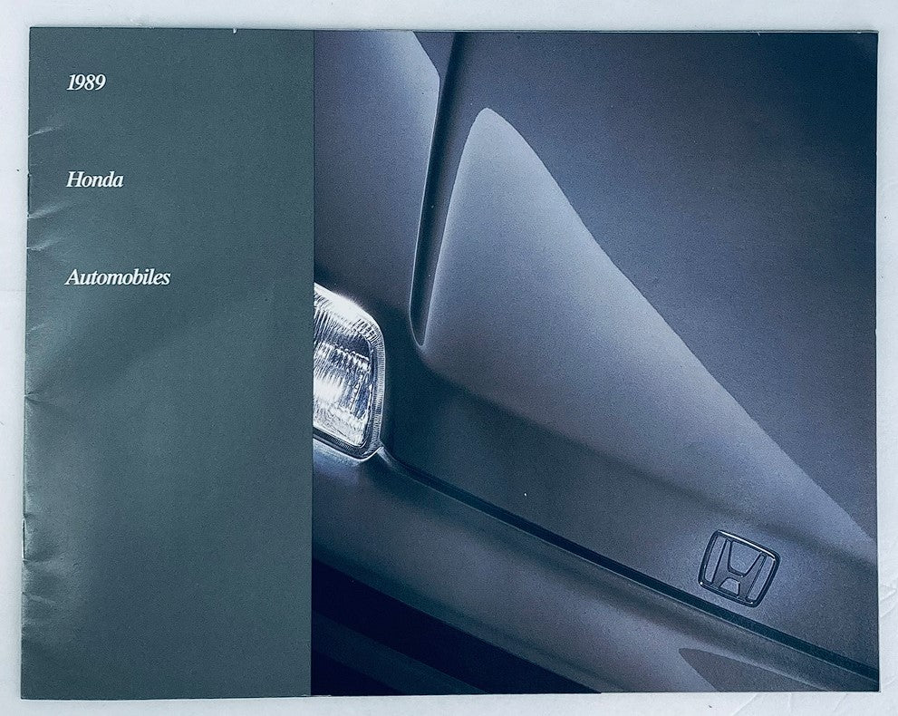 Cover of the 1989 Honda Automobiles Dealer Showroom Sales Brochure Guide Catalog featuring the Honda logo and sleek car design.