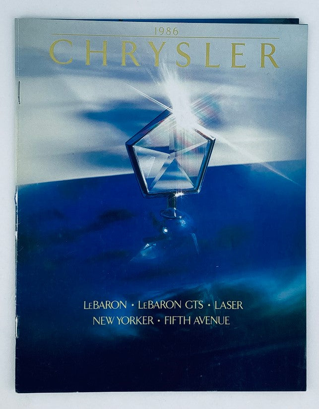 Cover of the 1986 Chrysler LeBaron GTS Dealer Showroom Sales Brochure featuring the Chrysler logo and sleek design elements, showcasing models including LeBaron, LeBaron GTS, Laser, New Yorker, and Fifth Avenue.