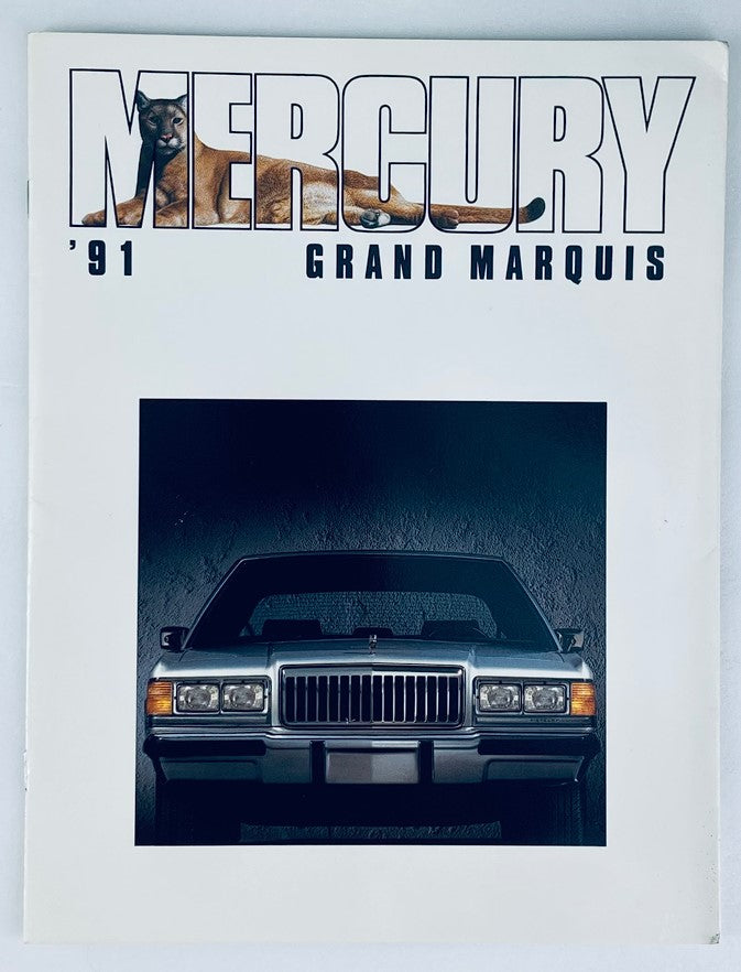 Cover of the 1991 Mercury Grand Marquis Dealer Showroom Sales Brochure Guide Catalog featuring a photo of the car's front view and the iconic 'Mercury' logo.