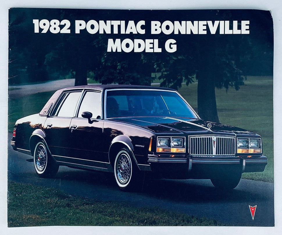 1982 Pontiac Bonneville Model G Dealer Showroom Sales Brochure featuring a black Bonneville Model G parked in a scenic outdoor setting.