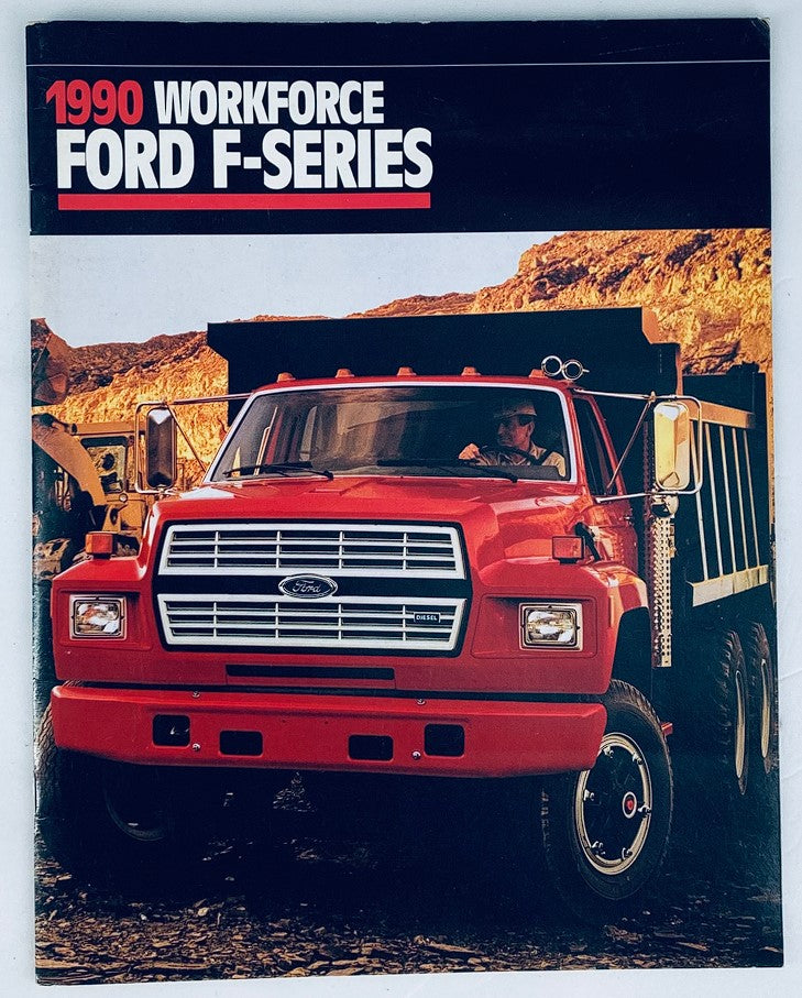 1990 Ford Workforc F-Series Dealer Showroom Sales Brochure Guide Catalog featuring a red Ford F-Series truck in a mountainous construction setting.