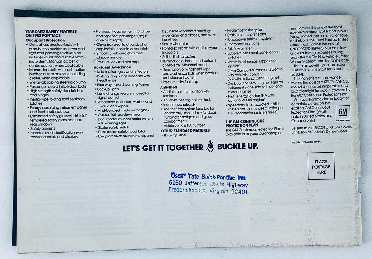 Back cover of the 1983 Pontiac Lineup Dealer Showroom Sales Brochure Guide Catalog, detailing standard safety features and promotional information for new Pontiac vehicles.