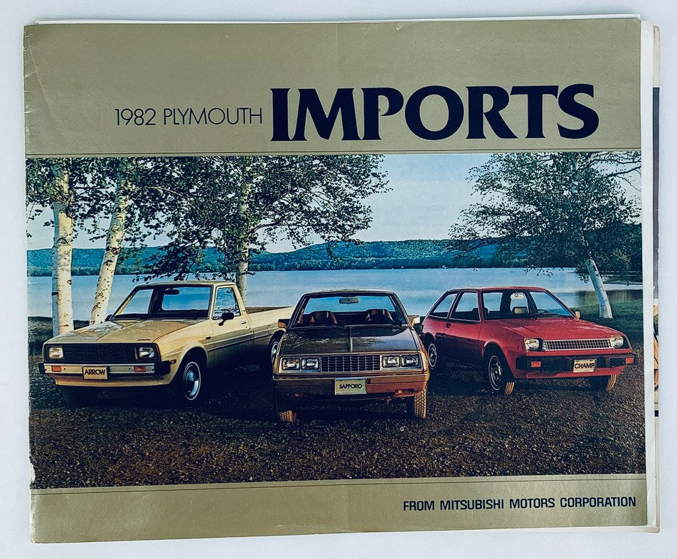1982 Plymouth Imports lineup showcased in a dealer showroom sales brochure featuring three diverse models against a scenic backdrop.