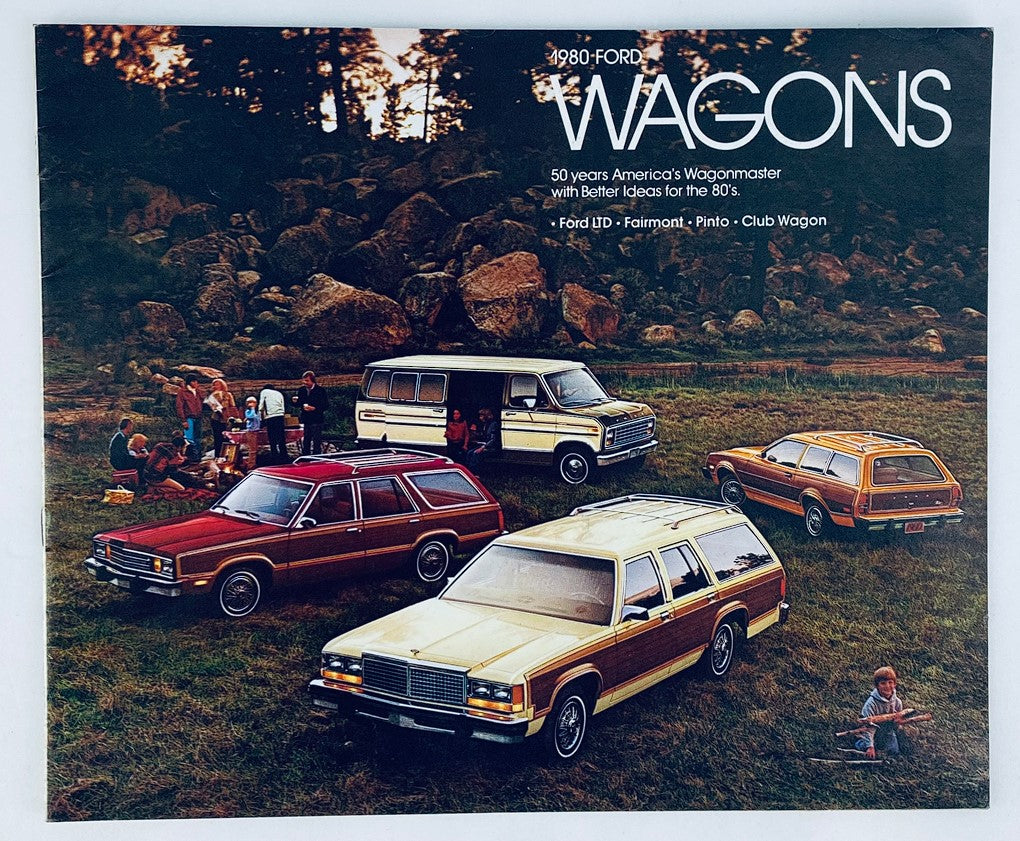 1980 Ford Wagons Lineup Dealer Showroom Sales Brochure featuring various models including Ford LTD, Fairmont, Pinto, and Club Wagon, set in a scenic outdoor environment, showcasing the design and features of Ford wagons for the 1980s.