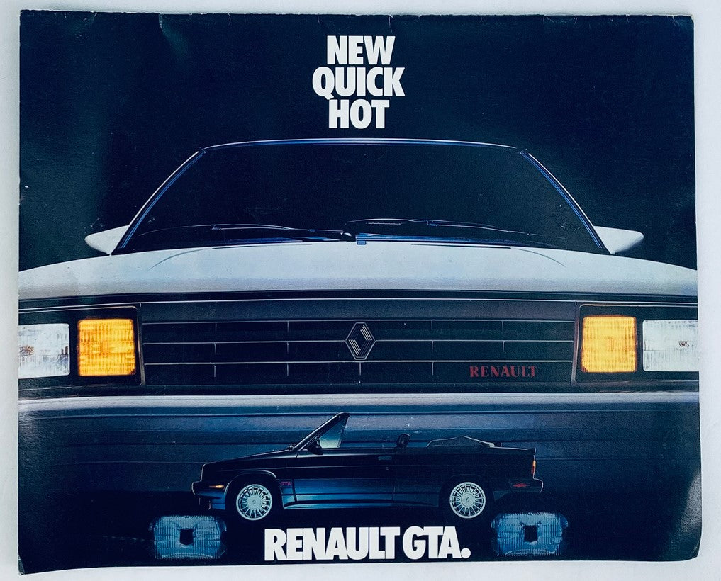 1986 Renault GTA Lineup Dealer Showroom Sales Brochure featuring the sleek design of the car, with the text 'NEW QUICK HOT' prominently displayed alongside a visual of the Renault GTA.