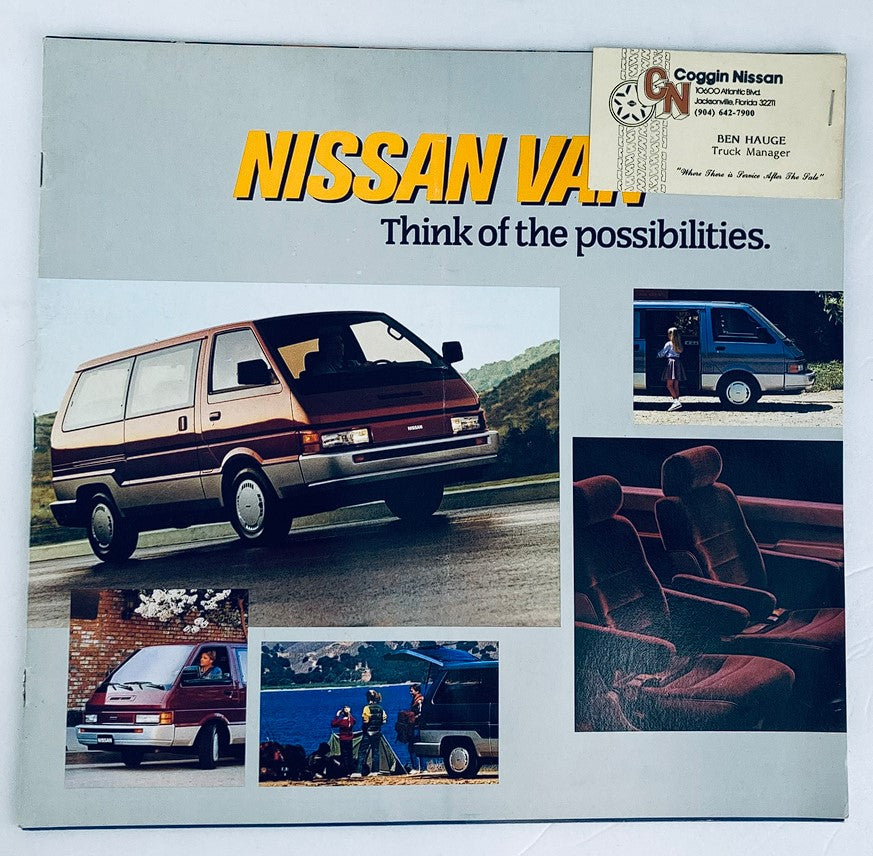 1987 Nissan Van Dealer Showroom Sales Brochure Guide Catalog showcasing the Nissan Van in various settings, including images of the vehicle on the road, interior seating, and a promotional scene with families enjoying outdoor activities.
