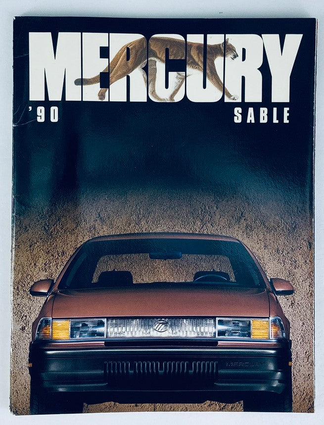 1990 Mercury Sable Dealer Showroom Sales Brochure Guide Catalog featuring a front view of the Mercury Sable car with a striking background, highlighting the vehicle's design and elegance.