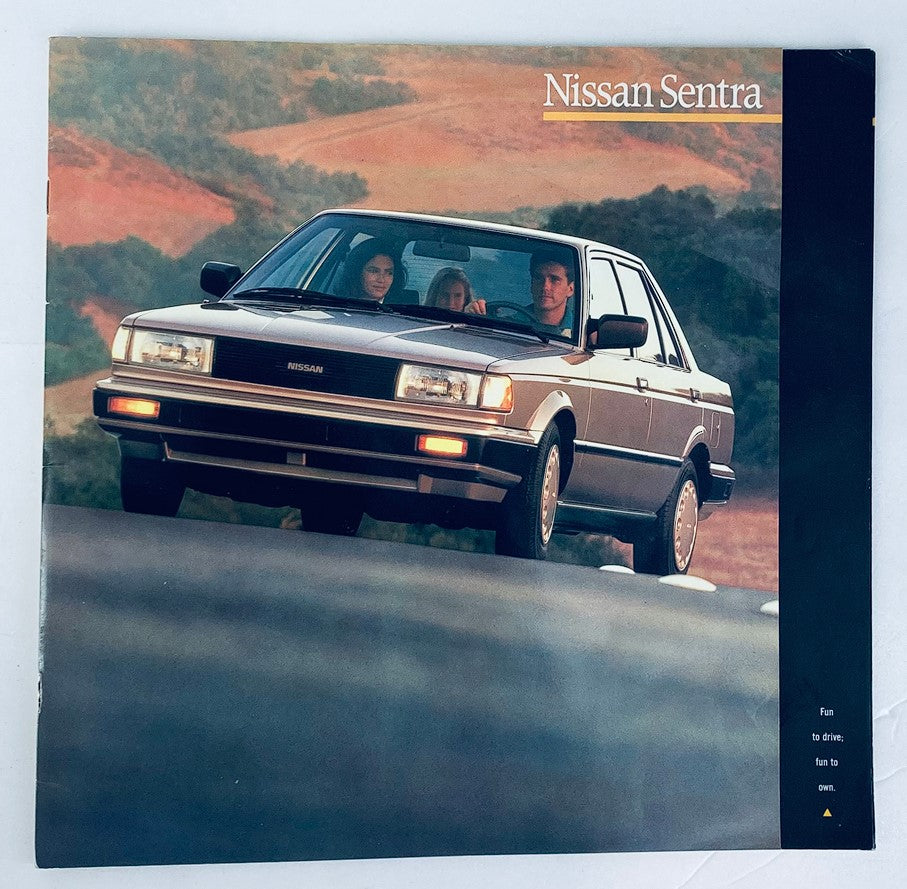 1989 Nissan Sentra Dealer Showroom Sales Brochure featuring the vehicle with three passengers, set against a scenic background. This guide catalog is perfect for Nissan enthusiasts and collectors.