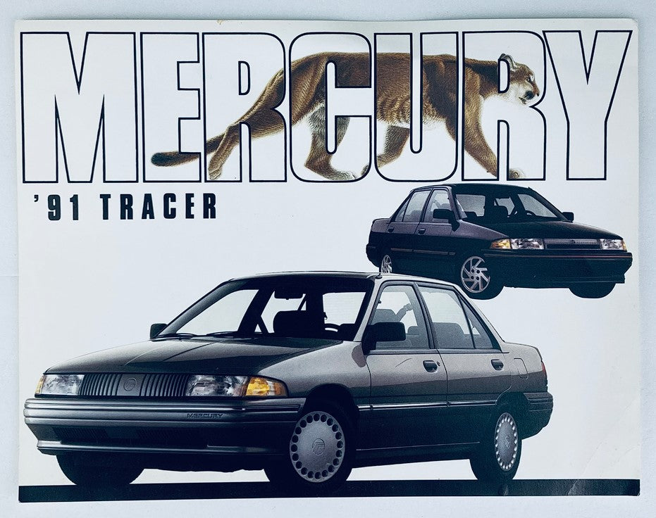 1991 Mercury Tracer Dealer Showroom Sales Brochure featuring a sleek silver Mercury Tracer car with a bold graphic design including a cougar and stylized text.
