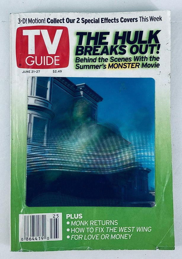TV Guide Magazine June 21 2003 cover featuring The Hulk, capturing the excitement of the summer's monster movie and including articles about Monk and other shows.