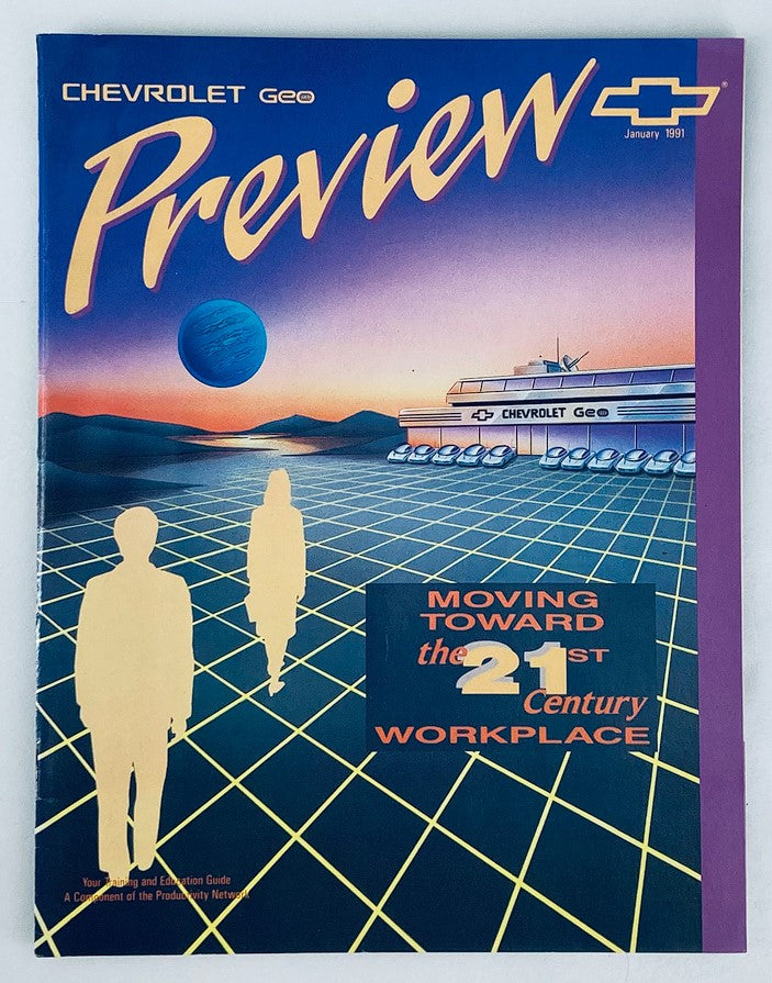 Cover of the January 1991 Chevrolet & Geo Lineup Dealer Showroom Sales Brochure Guide Catalog featuring a futuristic design with silhouettes, a stylized grid, and the tagline 'Moving Toward the 21st Century Workplace'.