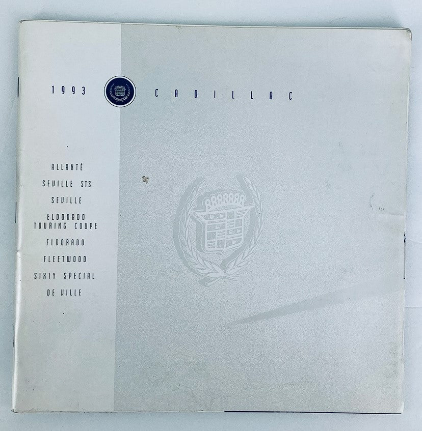 1993 Cadillac Allante Dealer Showroom Sales Brochure Guide Catalog cover featuring an elegant design with the Cadillac emblem and model names listed including Allante, Seville, Eldorado, Fleetwood, and De Ville.