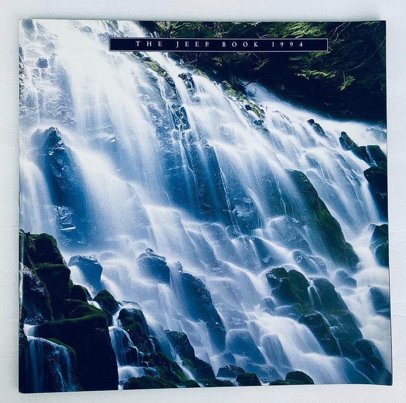 1994 Jeep Book Lineup Dealer Showroom Sales Brochure Guide Catalog cover featuring a stunning waterfall, showcasing the natural beauty associated with the Jeep brand.