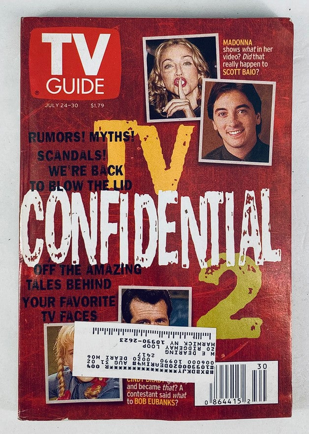 TV Guide Magazine from July 24, 1999, featuring Madonna and Scott Baio on the cover. The magazine highlights entertainment insights from the late 90s with bold text stating 'TV CONFIDENTIAL' and images of celebrities. A collectible vintage item perfect for pop culture enthusiasts.
