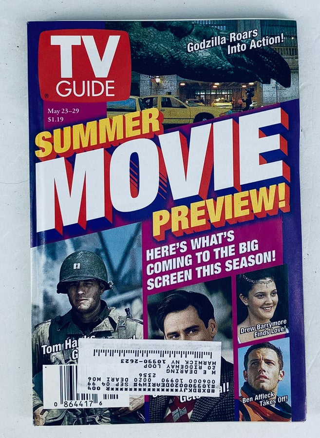 Cover of TV Guide Magazine May 23, 1998, featuring the title 'Summer Movie Preview!' with images and names of actors Drew Barrymore and Ben Affleck highlighted, showcasing the excitement of upcoming movies.