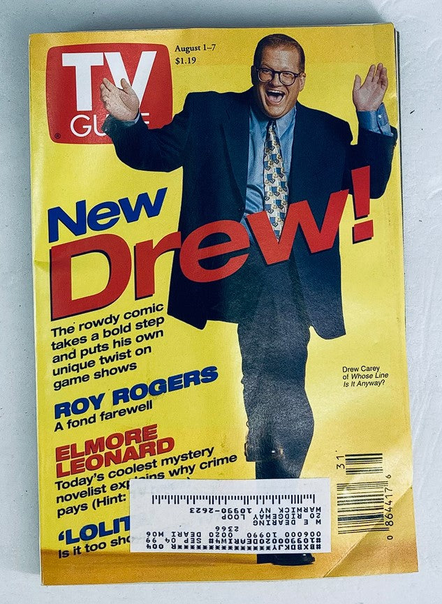 TV Guide Magazine August 1 1998 featuring Drew Carey and Roy Rogers on the cover, highlighting Drew Carey's new game show and a farewell to Roy Rogers, capturing a moment in television history.