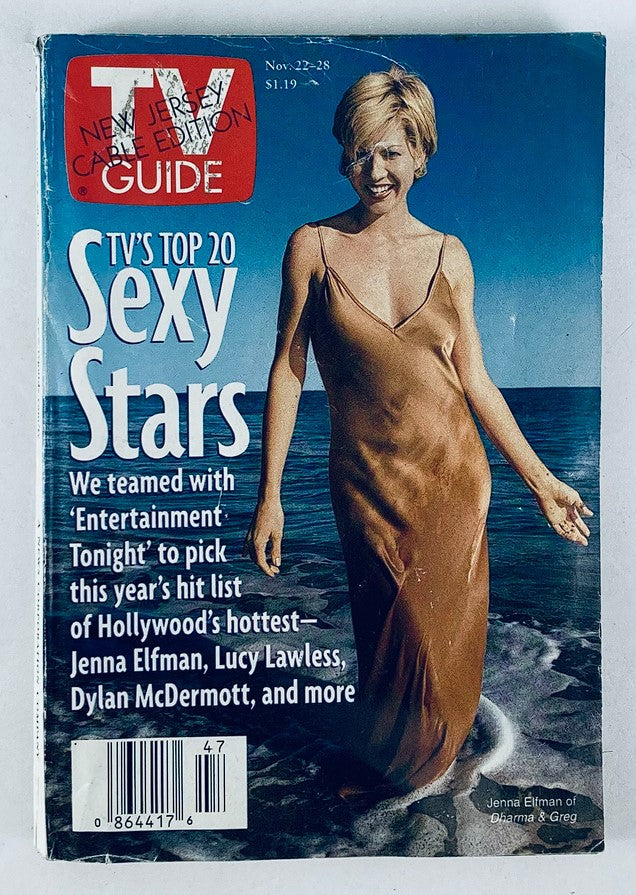 Front cover of TV Guide Magazine, November 22, 1997 edition featuring Jenna Elfman, highlighting 'TV's Top 20 Sexy Stars'. The magazine showcases Jenna Elfman alongside other popular stars, encapsulating late 90s entertainment culture.