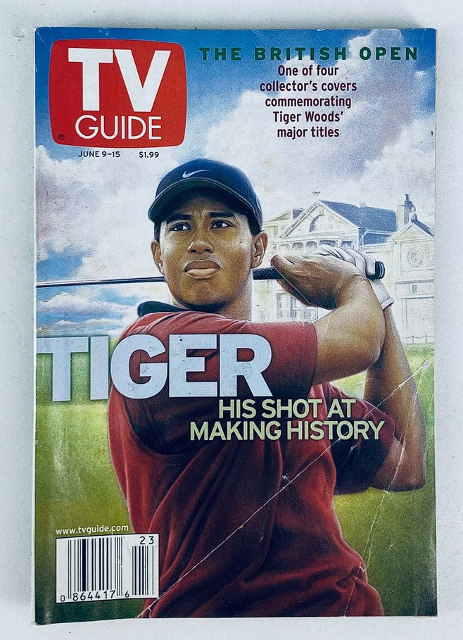 TV Guide Magazine from June 9, 2001 featuring Tiger Woods on the cover, showcasing him in action during The British Open, reflecting his historic impact on golf and sports culture.