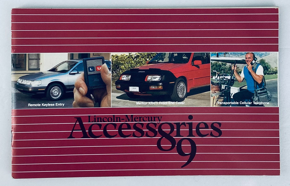 1989 Lincoln-Mercury Accessories Dealer Showroom Sales Brochure showcasing Remote Keyless Entry, Merkur Path Finder Roof Cover, and a Transportable Cellular Telephone.