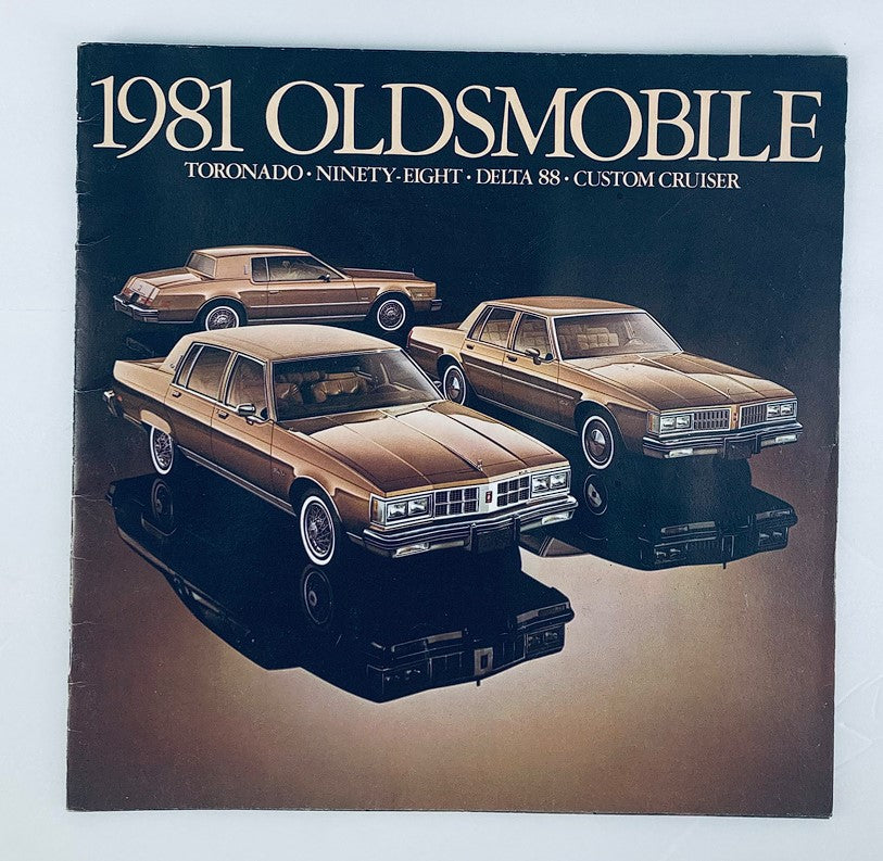 Cover of the 1981 Oldsmobile Toronado Dealer Showroom Sales Brochure featuring three luxury cars, showcasing the design and features of the Toronado, Ninety-Eight, and Delta 88 models.