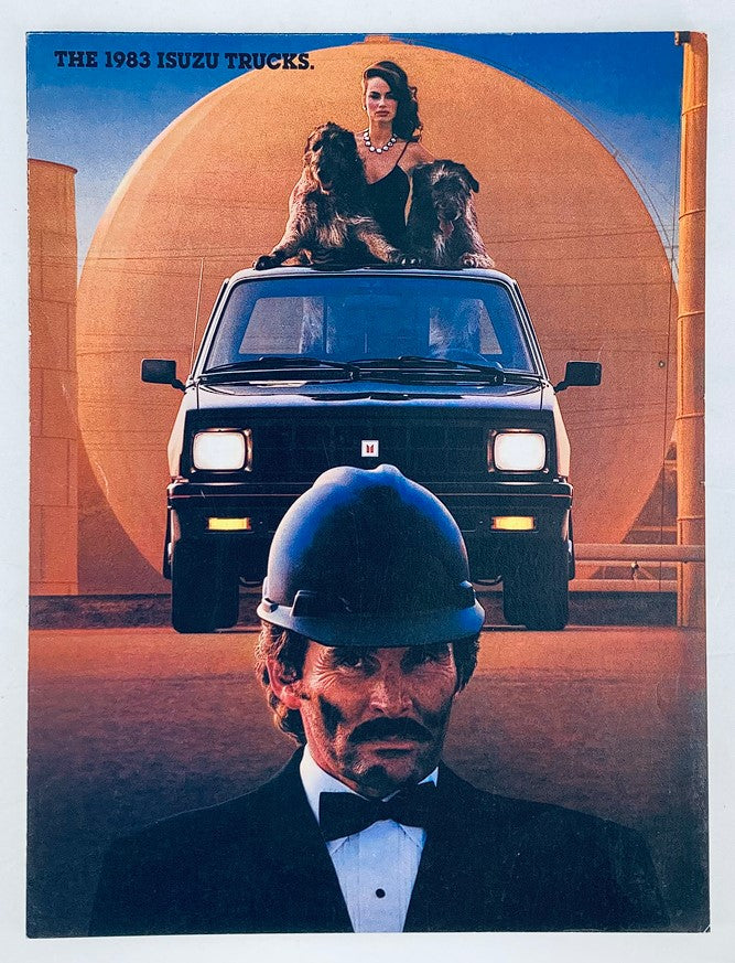 1983 Isuzu Trucks Lineup Dealer Showroom Sales Brochure cover featuring a glamorous woman with dogs on top of a black Isuzu truck, showcasing a unique blend of style and ruggedness.