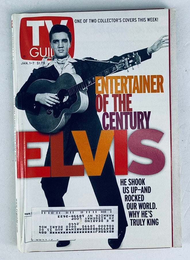 TV Guide Magazine January 1 2000 featuring Elvis Presley on the cover as 'Entertainer of the Century'. The iconic image depicts Elvis holding a guitar, highlighting his influential role in music and popular culture.