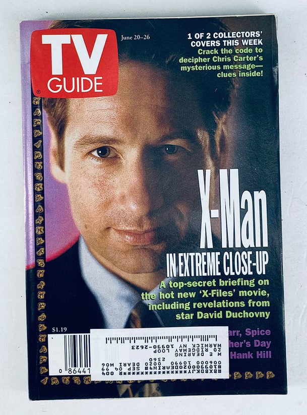 TV Guide Magazine from June 20-26, 1998 featuring David Duchovny on the cover, promoting 'The X-Files' with a focus on the upcoming movie, a vintage collectible for fans and collectors.