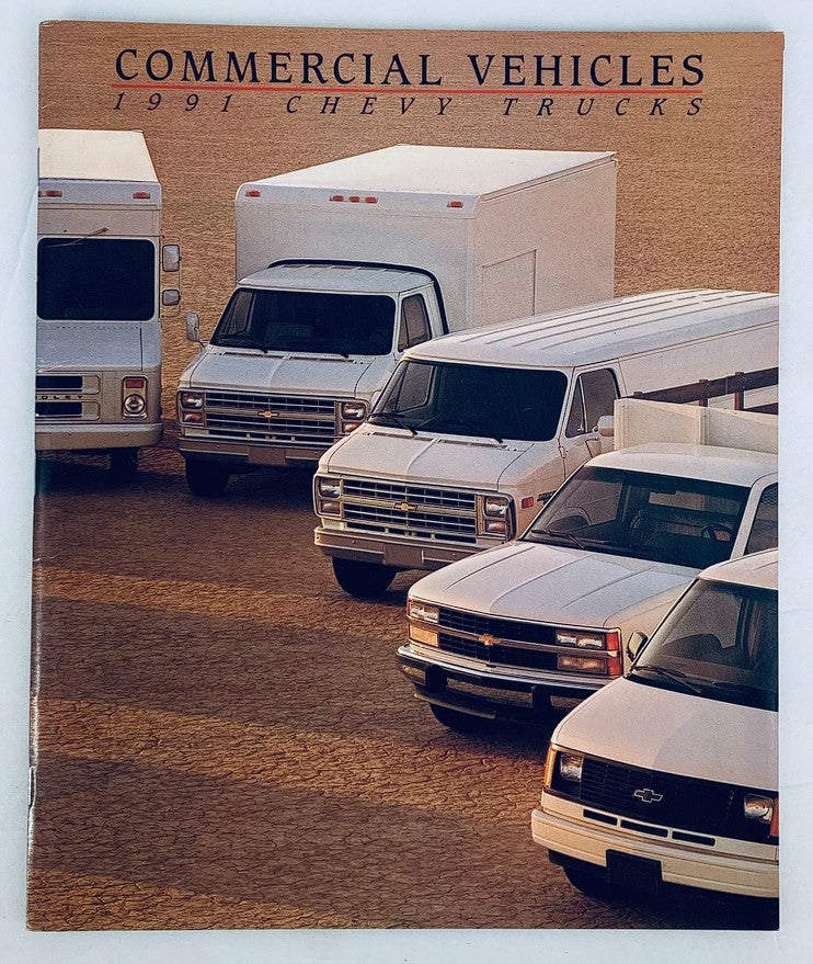 1991 Chevrolet Commercial Trucks Dealer Showroom Sales Brochure Guide Catalog featuring various Chevy trucks parked in a line on a sandy surface.
