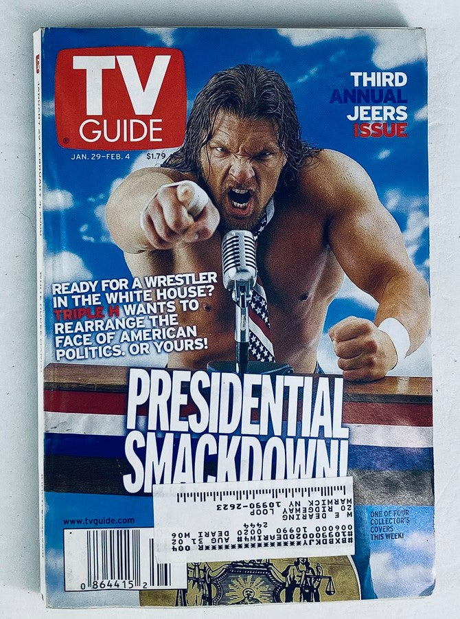 TV Guide Magazine January 29 2000 featuring wrestler Triple H on the cover, depicting him passionately speaking into a microphone with an intense expression, associated with a wrestling-themed Presidential Smackdown issue.
