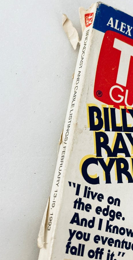 Side view of TV Guide Magazine February 13 1993 with Billy Ray Cyrus, showcasing the publication date and notable features.
