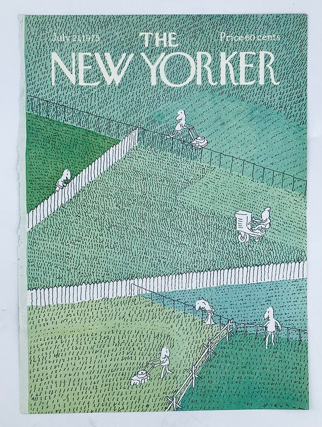 Cover art of The New Yorker dated July 21, 1975, titled 'Neighbor Yards' by RO Blechman, featuring whimsical suburban scenes with people mowing lawns and interacting across fences.