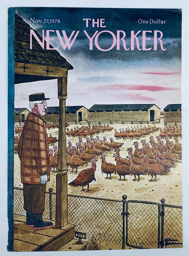 The New Yorker cover from November 27, 1978, titled 'The Turkey Farm' by Chas Addams, showcasing a whimsical scene of a man looking at a flock of turkeys in a farm setting.
