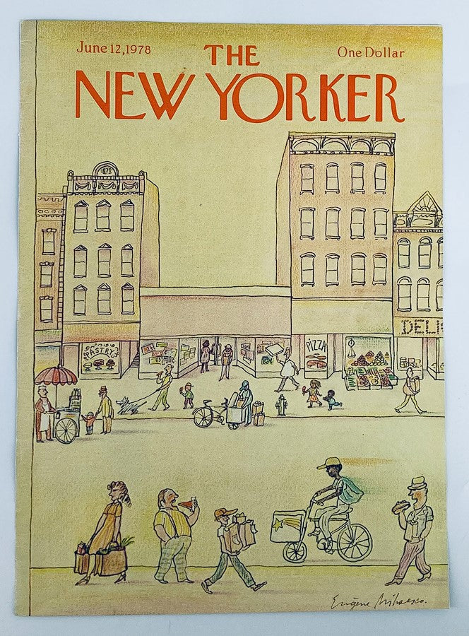 The New Yorker June 12 1978 cover titled 'Busy Town' by Eugene Mihaesco, showcasing a lively city atmosphere with people walking, shopping, and interacting in a detailed street view.