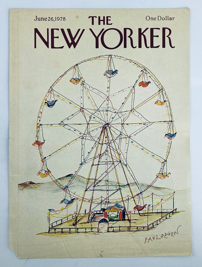 The New Yorker magazine cover from June 26, 1978 featuring a whimsical Ferris Wheel illustration by Paul Degen, showcasing colorful gondolas and a nostalgic fairground scene.