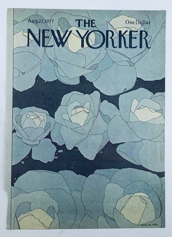 COVER ONLY The New Yorker August 22 1977 Full Bloom by Gretchen Dow Simpson illustrating soft blue roses and lush petals, a beautiful representation of 1970s art style.