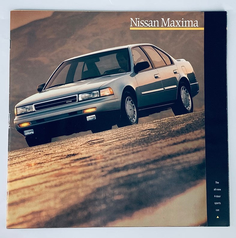 1989 Nissan Maxima Dealer Showroom Sales Brochure showcasing the stylish exterior of the Nissan Maxima on a scenic backdrop, highlighting its design as the all-new 4-door sports car.